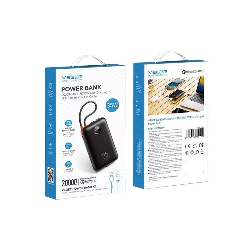 VEGER powerbank 20000 mAh z wbudowanymi kablami Typ C / Lightning PD QC3.0 35W K2 (W2068) czarny