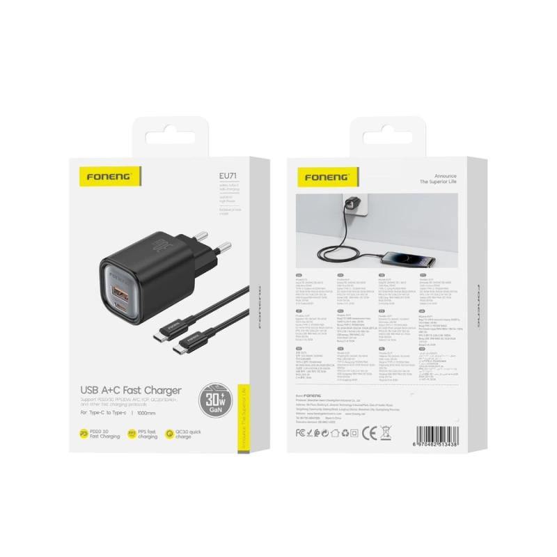 FONENG wall charger EU71 PD 30W 1xUSB-C + 1xUSB QC3.0 + cable USB-C - USB-C Black
