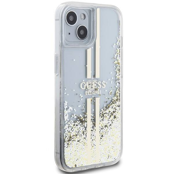 Oryginalne Etui GUESS Hardcase GUHCP15MLFCSEGT do iPhone 15 Plus (Liquid Glitter Gold Stripes / transparent)