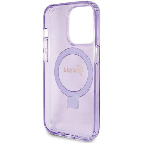 Guess Ring Stand Script Glitter MagSafe Hülle für iPhone 15 Pro – Lila