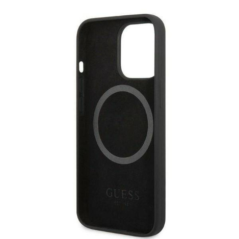 Original Handyhülle IPHONE 13 PRO Guess Hard Case Silicone Logo Plate MagSafe (GUHMP13LSPLK) schwarz