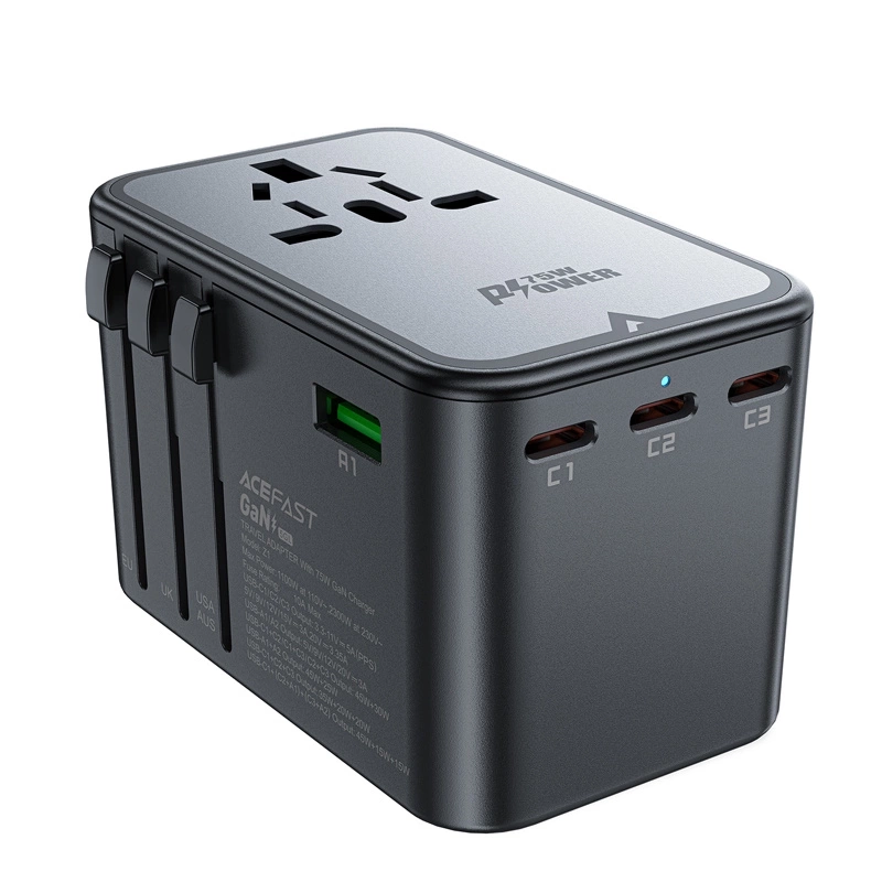 Acefast Z1 GaN 75W PD Reiseladeadapter 3x USB-C 2x USB-A - Schwarz