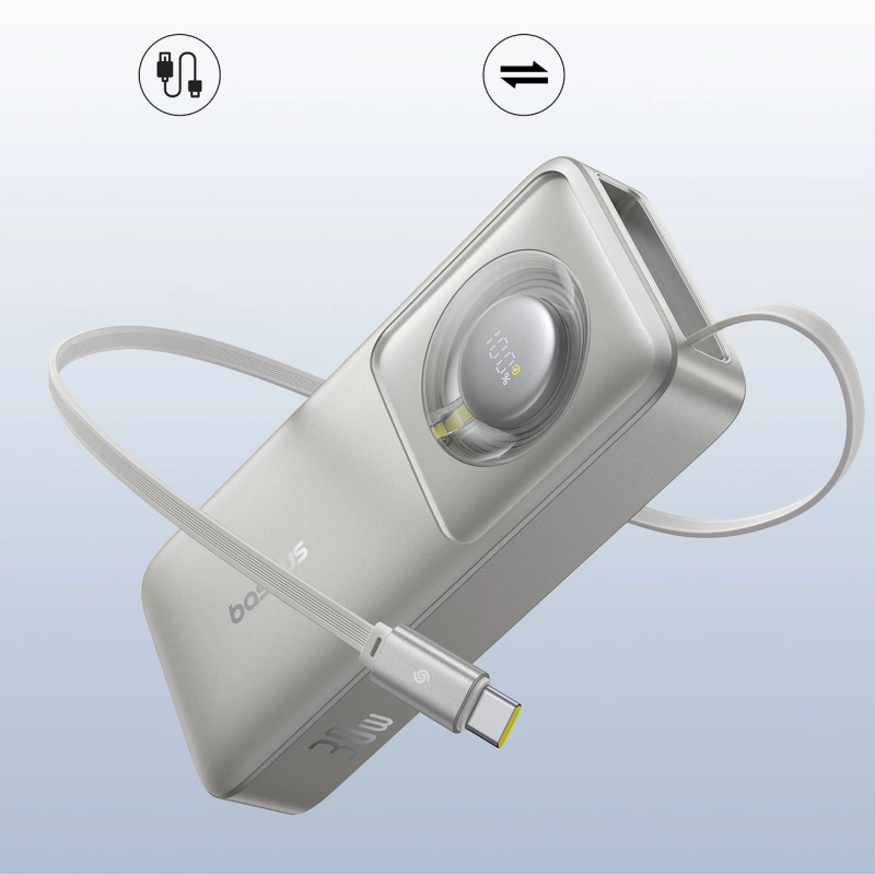 Baseus Free2Pull 10000mAh 30W powerbank with USB-C port and retractable USB-C cable - gray