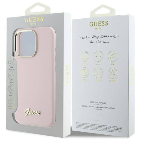Original Handyhülle IPHONE 16 PRO Guess Hardcase Silicone Script Metal Logo & Frame (GUHCP16LSMBSLP) rosa