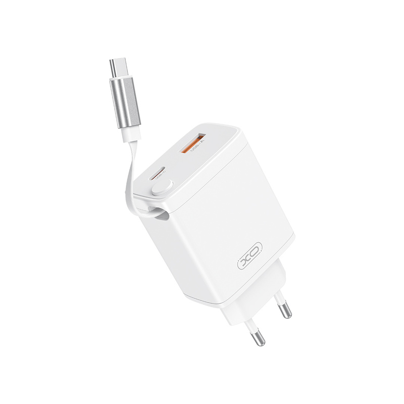 XO ładowarka sieciowa CE31 1x USB 1x USB-C 30W biała z kablem USB-C zwijanym