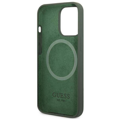 Original Handyhülle IPHONE 13 PRO MAX Guess Hard Case Silicone Logo Plate MagSafe (GUHMP13XSPLA) grün