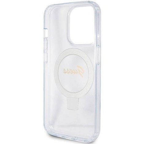 Guess Ring Stand Script Glitter MagSafe Hülle für iPhone 15 Pro – transparent