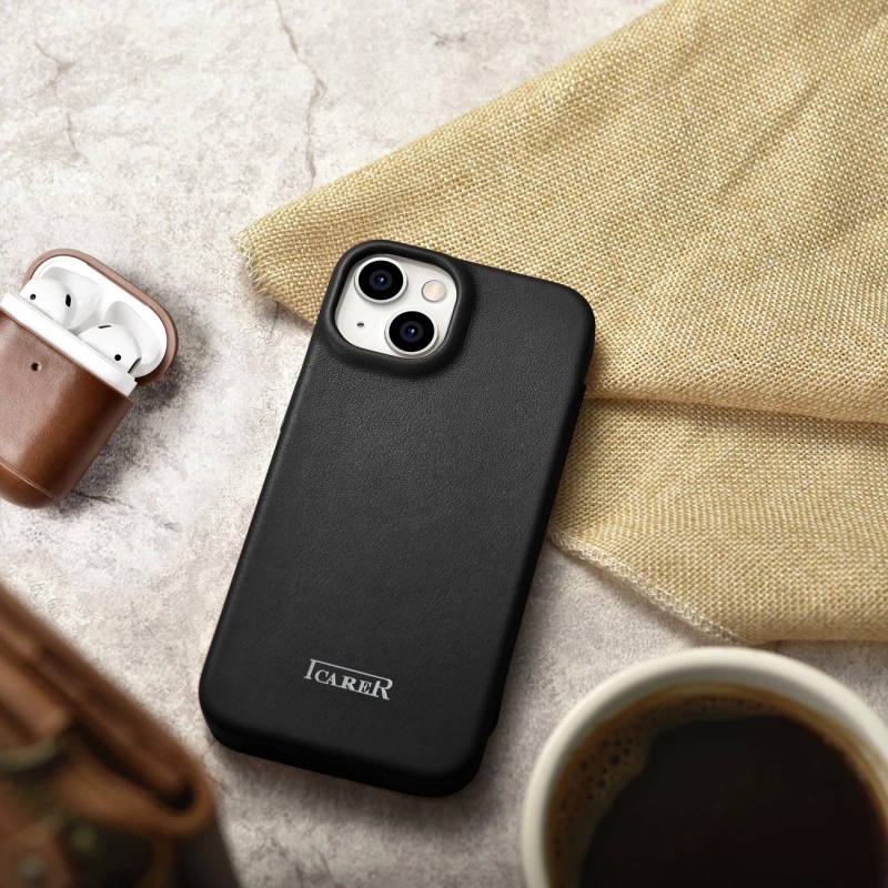 iCarer CE Premium Leather Folio Case skórzane etui iPhone 14 Plus z klapką magnetyczne MagSafe czarny (WMI14220715-BK)
