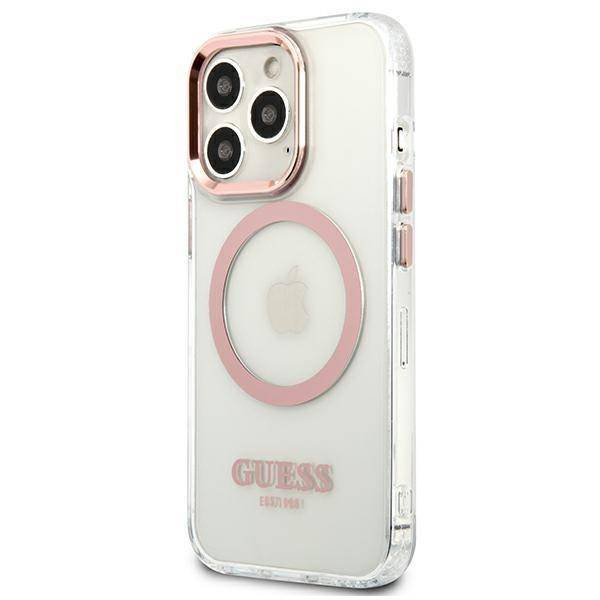 Original Case IPHONE 13 PRO Guess Hard Case Metal Outline Magsafe (GUHMP13LHTRMP) pink