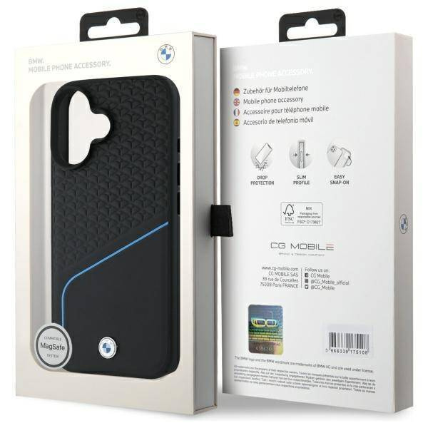 Original Case IPHONE 16 BMW Hardcase Signature Leather Textured & Line MagSafe (BMHMP16S23RDCLK) black