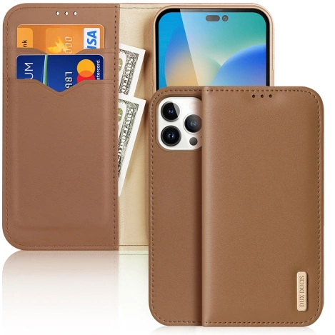 Dux Ducis Hivo echt Leder booktype case schutzhülle aufklappbare hülle für iPhone 14 Pro Max braun