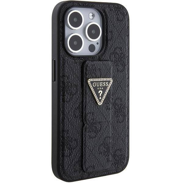 Guess Grip Stand 4G Triangle Strass Hülle für iPhone 15 Pro Max - Schwarz