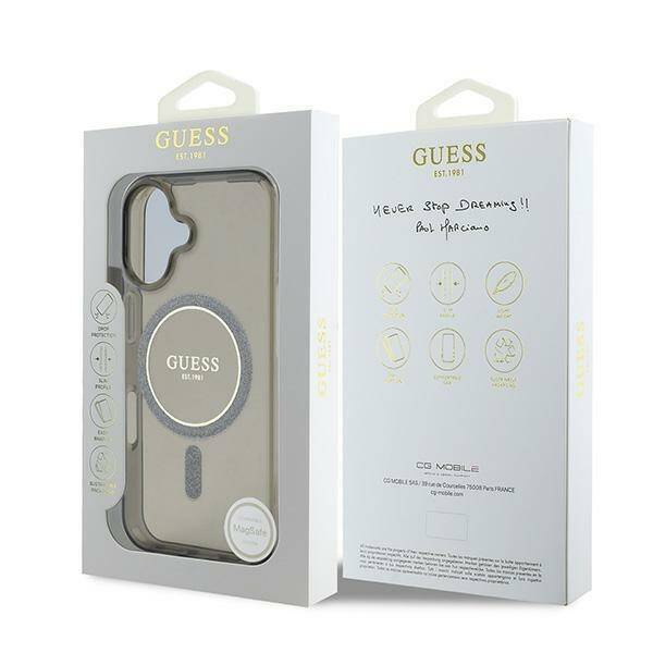 Etui Guess IML Glitter Circle MagSafe na iPhone 16 - czarne