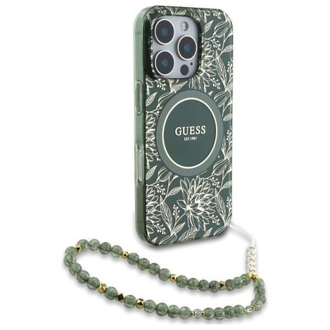 Etui Guess IML Flowers Allover Electro With Pearl Strap MagSafe na iPhone 16 Pro Max - zielone
