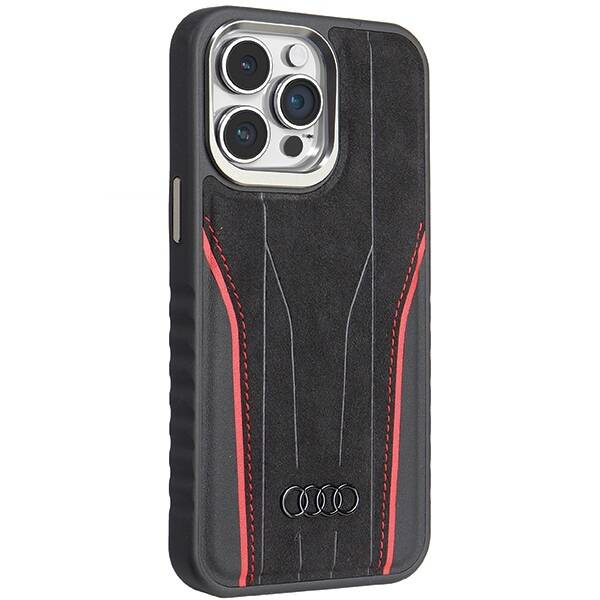 Audi Echtledertasche mit MagSafe für iPhone 15 Pro Max – Schwarz und Rot
