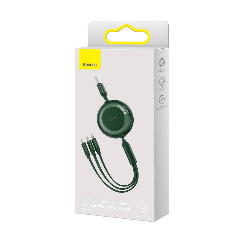 Baseus Bright Mirror 2 zwijany kabel przewód 3w1 USB Typ A - micro USB + Lightning + USB Typ C 3.5A 1.1m zielony (CAMJ010006)