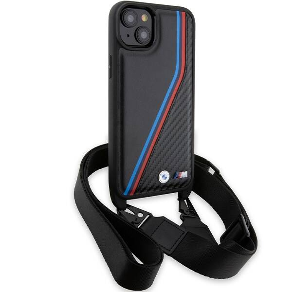 BMW M Edition Carbon Tricolor Lines &amp; Strap case for iPhone 15 Plus / 14 Plus - black