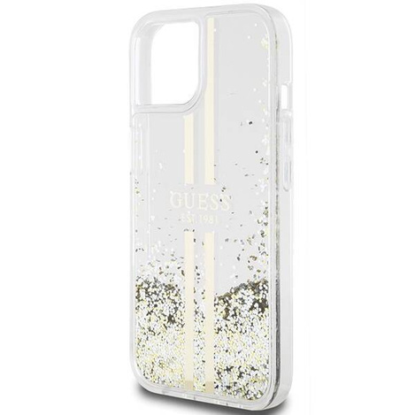 Oryginalne Etui GUESS Hardcase GUHCP15MLFCSEGT do iPhone 15 Plus (Liquid Glitter Gold Stripes / transparent)