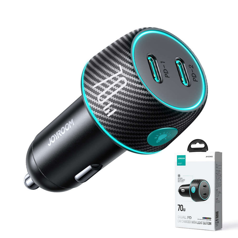 Autoladegerät 2x USB C 70W mit LED-Hintergrundbeleuchtung Joyroom JR-CCN02 | Schwarz