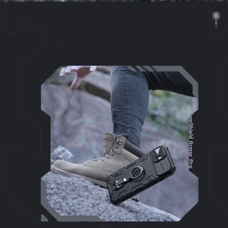 Nillkin CamShield Armor Pro Magnetische Hülle iPhone 14 Plus MagSafe gepanzerte Hülle mit Standring schwarz