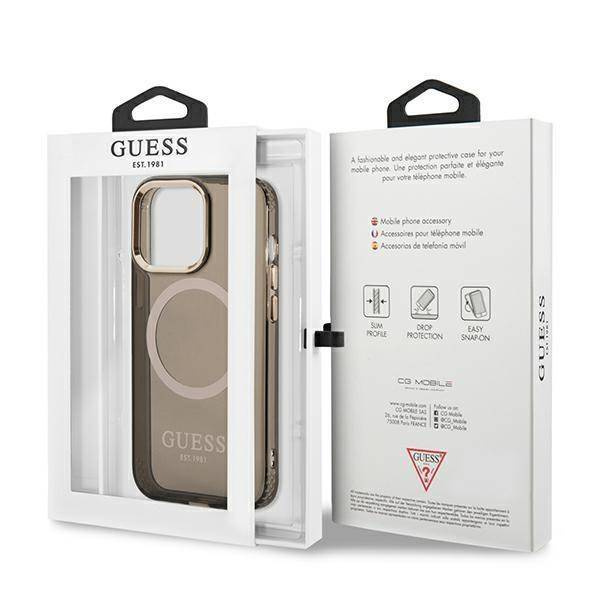 Original Handyhülle IPHONE 13 PRO Guess Hard Case Gold Outline Translucent MagSafe (GUHMP13LHTCMK) schwarz