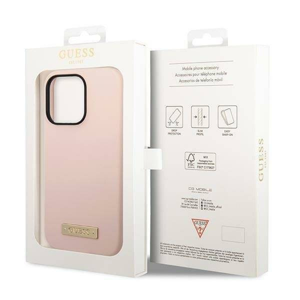 Original Case IPHONE 14 PRO MAX Guess Hard Case Silicone Logo Plate MagSafe pink