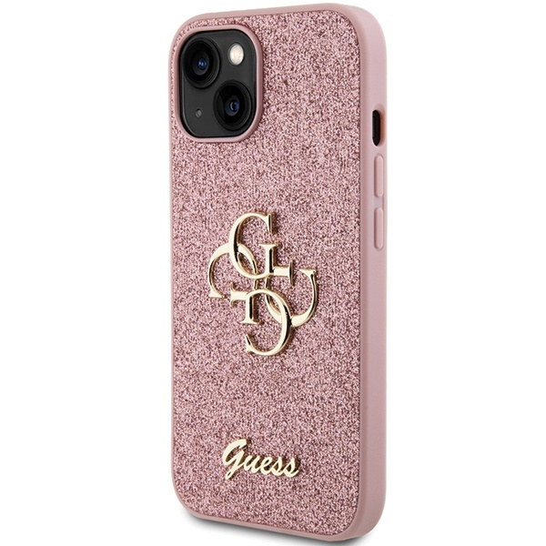 Etui Guess Glitter Script Big 4G na iPhone 15 - różowe