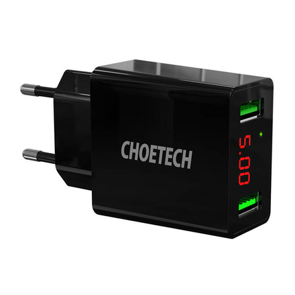 Choetech dwuportowa ładowarka USB-A z cyfrowym wyświetlaczem 11W wtyczka EU czarny (C0028)