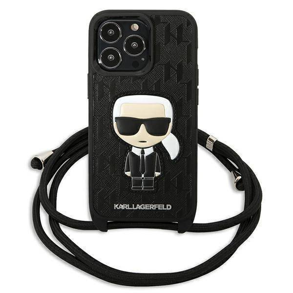 Original Handyhülle IPHONE 13 PRO Karl Lagerfeld Hardcase Leather Monogram Patch And Cord Iconik (KLHCP13LCMNIPK) schwarz