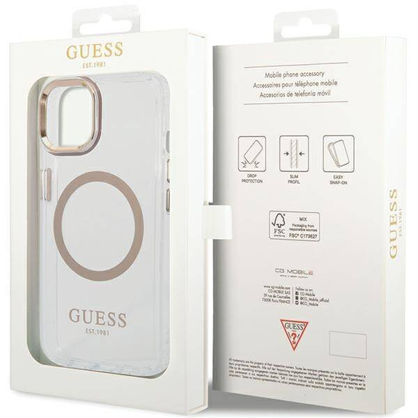 Original Case IPHONE 14 PLUS / 15 PLUS Guess Hard Case Metal Outline Magsafe gold