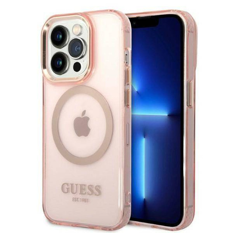 Guess Gold Outline Translucent MagSafe - Etui iPhone 14 Pro (różowy)