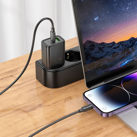 HOCO ładowarka sieciowa USB A + Typ C + kabel Typ C do Lightning PD QC3.0 3A 30W N63 czarna