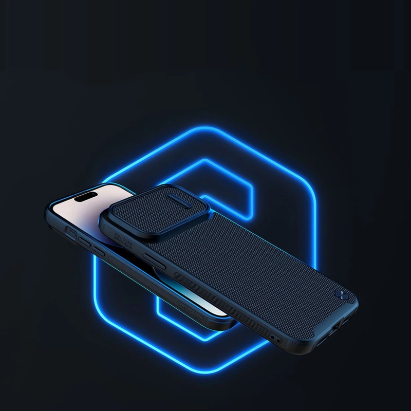 Nillkin Textured S Case für iPhone 14 Pro, gepanzerte Hülle mit Kameraabdeckung, blau