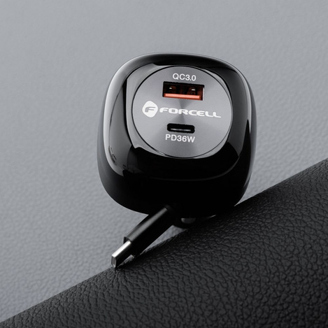 Ładowarka samochodowa Forcell F-Energy Alu USB C + USB A + zwijany kabel USB C PD QC4.0 SFC2.0 3A 75W czarna