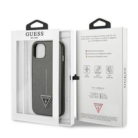 Original Handyhülle IPHONE 14 Guess Hardcase Saffianotriangle Logo (GUHCP14SPSATLG) silber