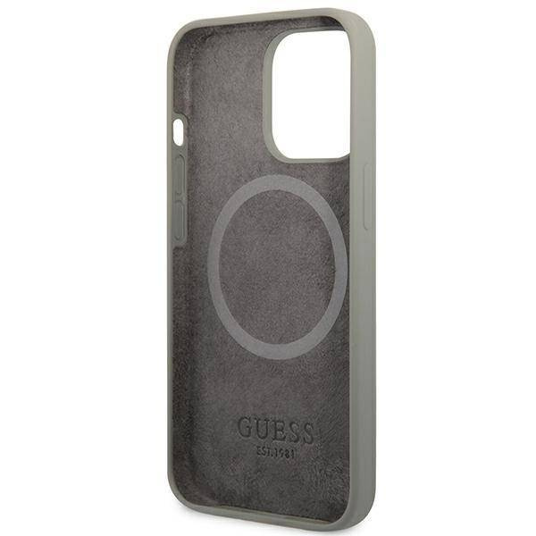 Original Handyhülle IPHONE 13 PRO Guess Hard Case Silicone Logo Plate MagSafe (GUHMP13LSPLG) grau