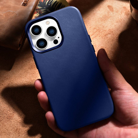 iCarer Case Leather Genuine Leather Case Cover for iPhone 14 Pro Max Blue (WMI14220708-BU) (MagSafe Compatible)