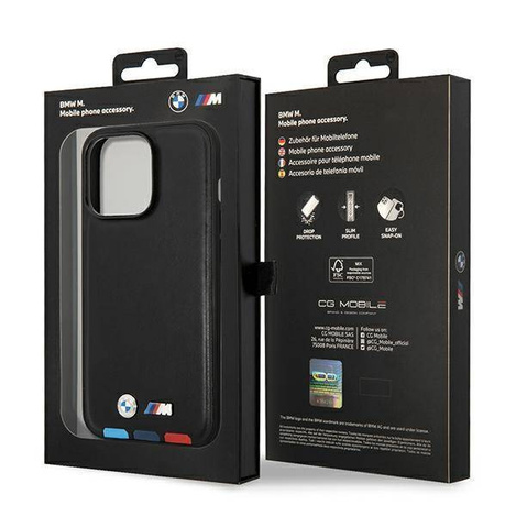 Original Handyhülle IPHONE 14 PRO MAX BMW Leather Stamp Tricolor MagSafe (BMHMP14X22PTDK) schwarz