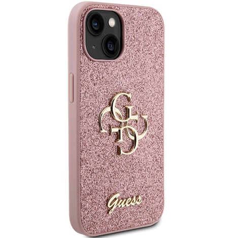 Etui Guess Glitter Script Big 4G na iPhone 15 - różowe