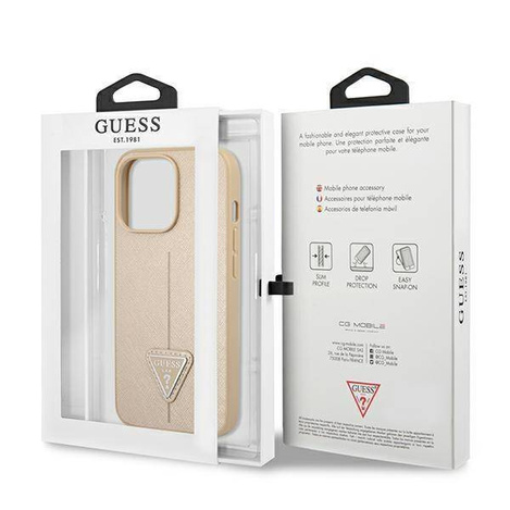 Original Case IPHONE 14 PRO Guess Hardcase Saffianotriangle Logo (GUHCP14LPSATLE) beige