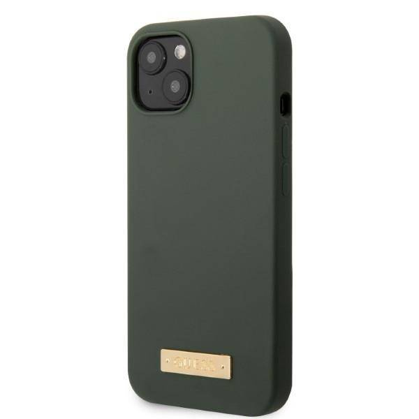 Original Handyhülle IPHONE 13 Guess Hard Case Silicone Logo Plate MagSafe (GUHMP13MSBPLA) grün