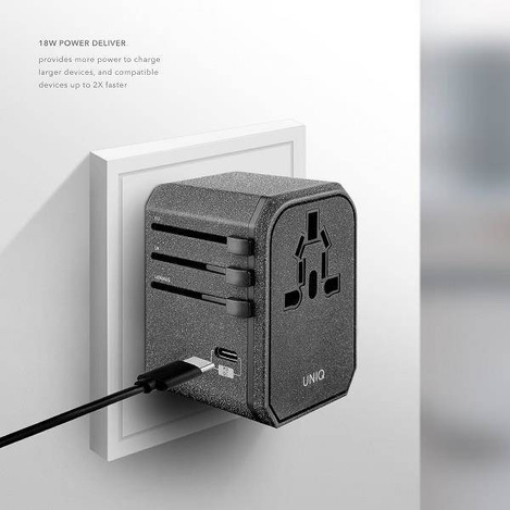 Uniq Load. network. Voyage World Adapter 33W + 2xUSB + PD 18W + QC 3.0 grey/charcoal gray (LITHOS Collective)