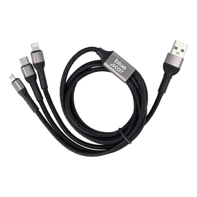 Kabel Blue Star z oplotem 3w1 ze złączami micro USB, USB C i Lightning 3A