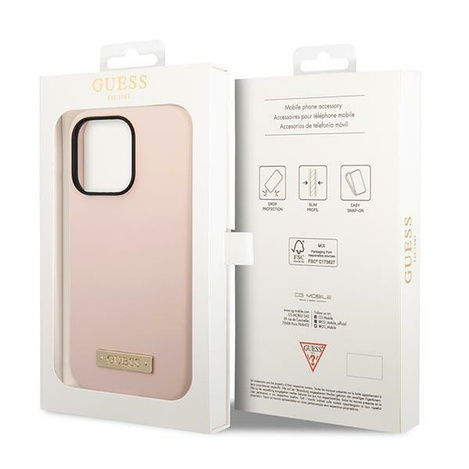Original Handyhülle IPHONE 14 PRO MAX Guess Hard Case Silicone Logo Plate MagSafe rosa