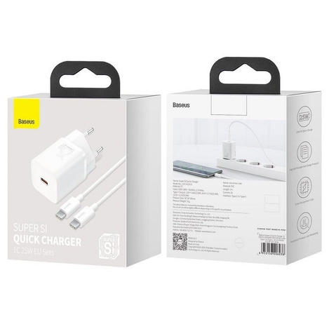 Baseus Super Si szybka ładowarka sieciowa Quick Charge 3.0 Power Delivery 25W 3A + Kabel USB Typ C - USB Typ C 3A 1m biały (TZCCSUP-L02)
