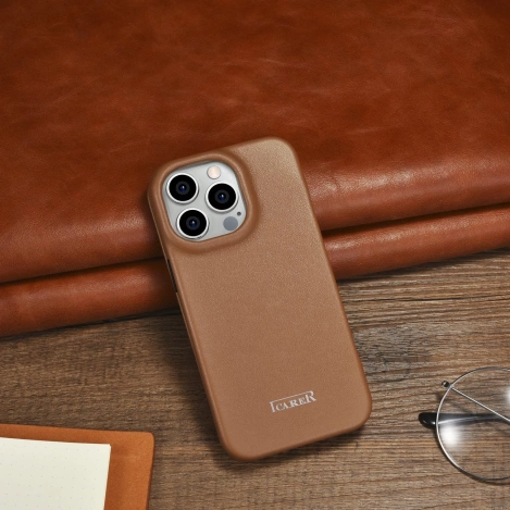iCarer CE Premium Leather Folio Case iPhone 14 Pro Magnetic Flip Leather Folio Case MagSafe braun (WMI14220714-BN)