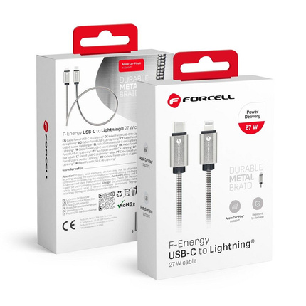 FORCELL kabel Typ C do iPhone Lightning 8-pin QC3.0 PD 27W Metal C238 1m srebrny