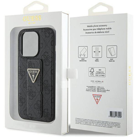Guess Grip Stand 4G Triangle Strass Hülle für iPhone 15 Pro Max - Schwarz