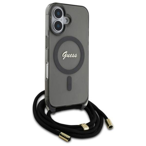Original Handyhülle IPHONE 16 Guess Hardcase Crossbody Cord Script MagSafe (GUHMP16SHCTSGNSK) schwarz