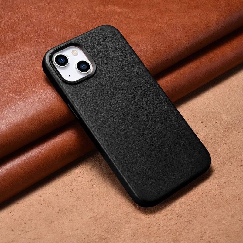 iCarer Case Leather Genuine Leather Case Cover for iPhone 14 Black (WMI14220705-BK) (MagSafe Compatible)